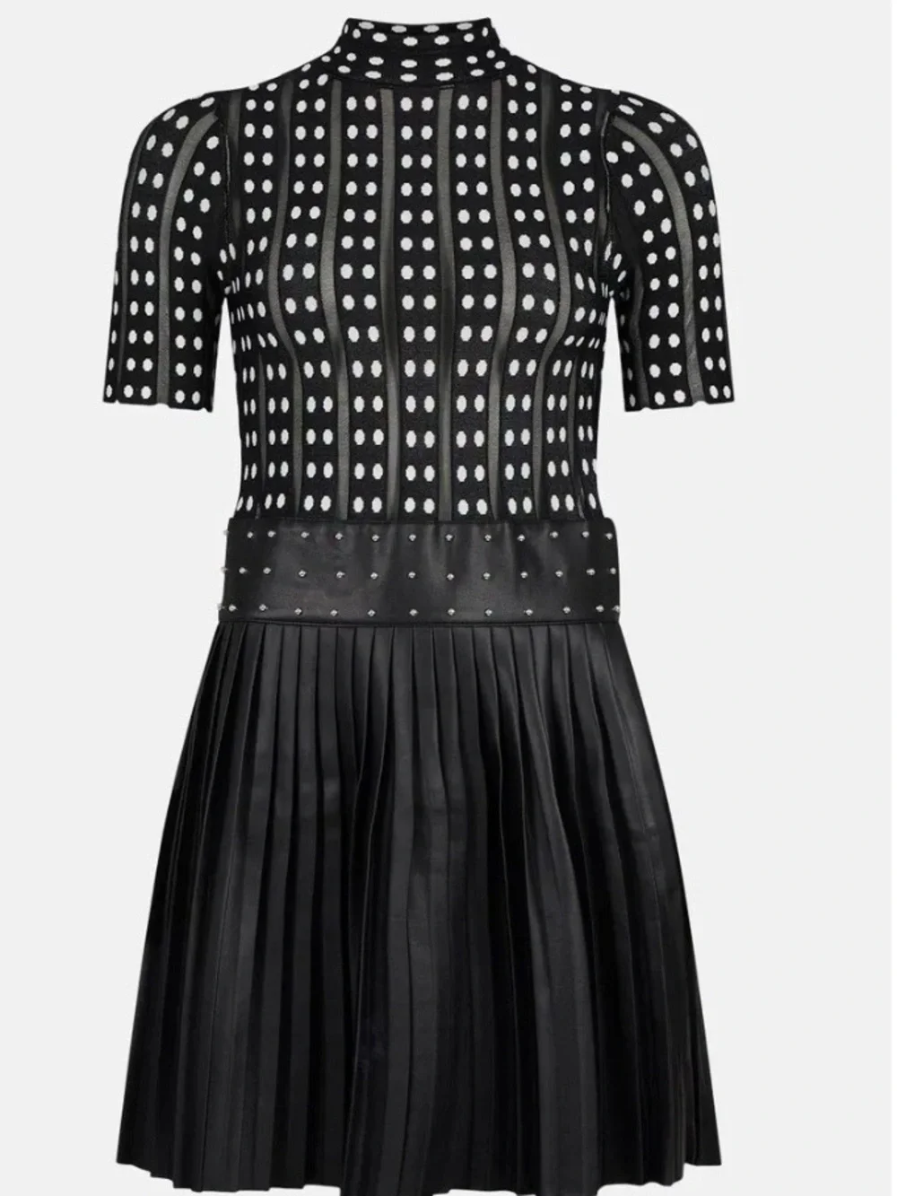 Karen Millen Shear Knit Black and White Polka Dot Pleated Leather Midi Dress